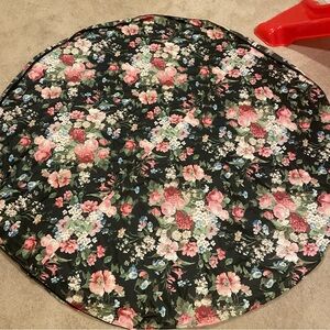 Black and pink floral chintz round custom made table cloth 71.5 inches EUC